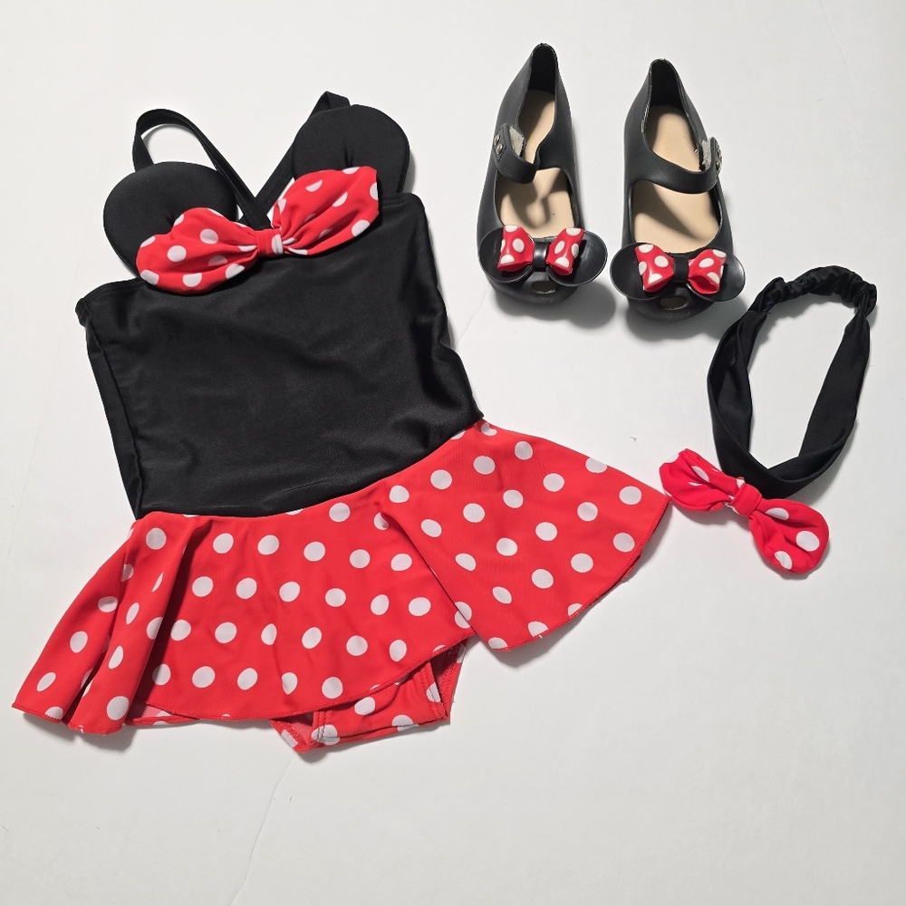 Toddler Girls Bathing Suit Bow Polka Dot One Piece Swimsuit, Headband And Shoes